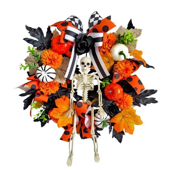 Skull Wreath Halloween Door Hanging with Skeleton Center, Orange Pumpkins - Picture 1 of 6